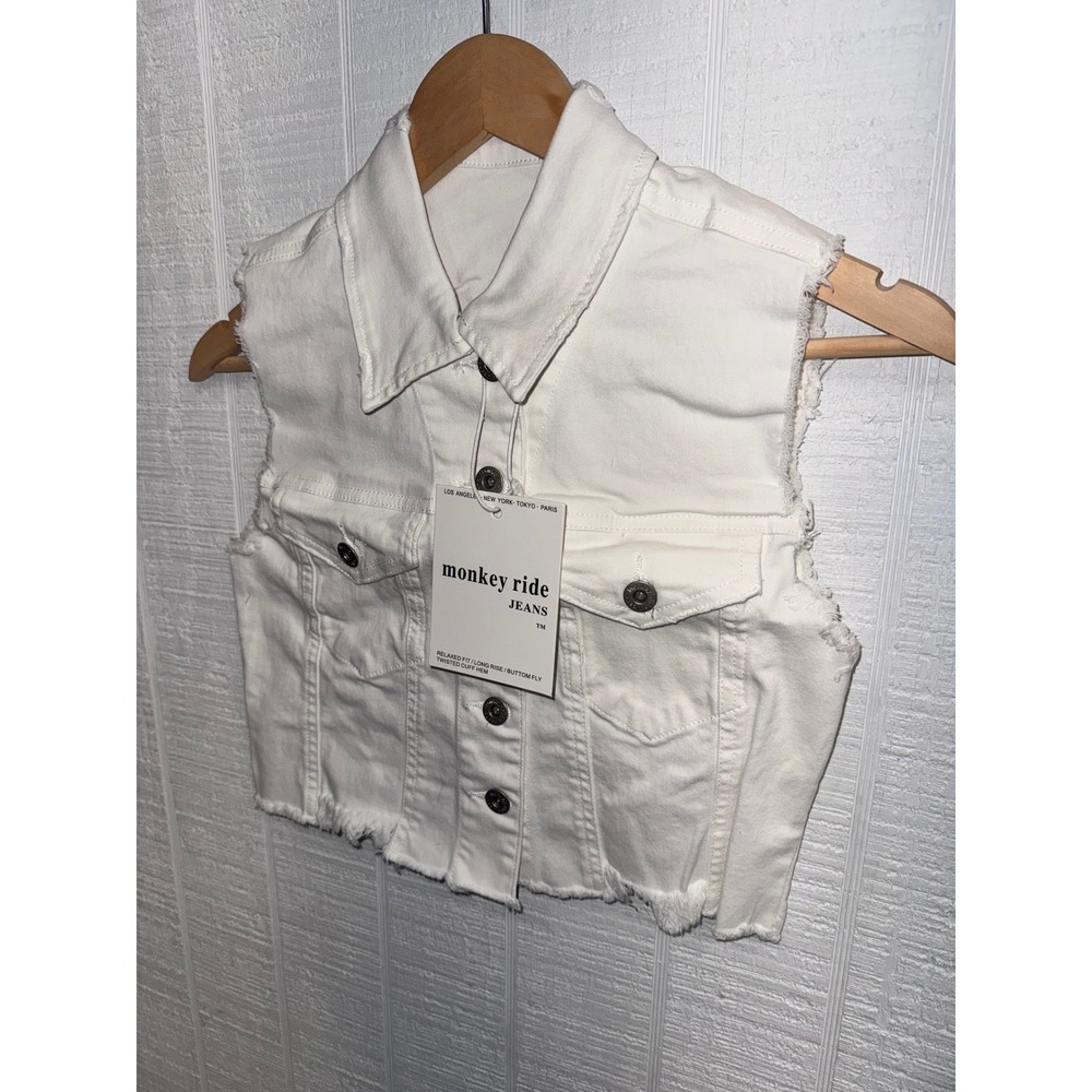 Monkey Ride Jeans Denim Vest Women White Distressed Cropped Raw Hem S J1606 - Picture 2 of 6